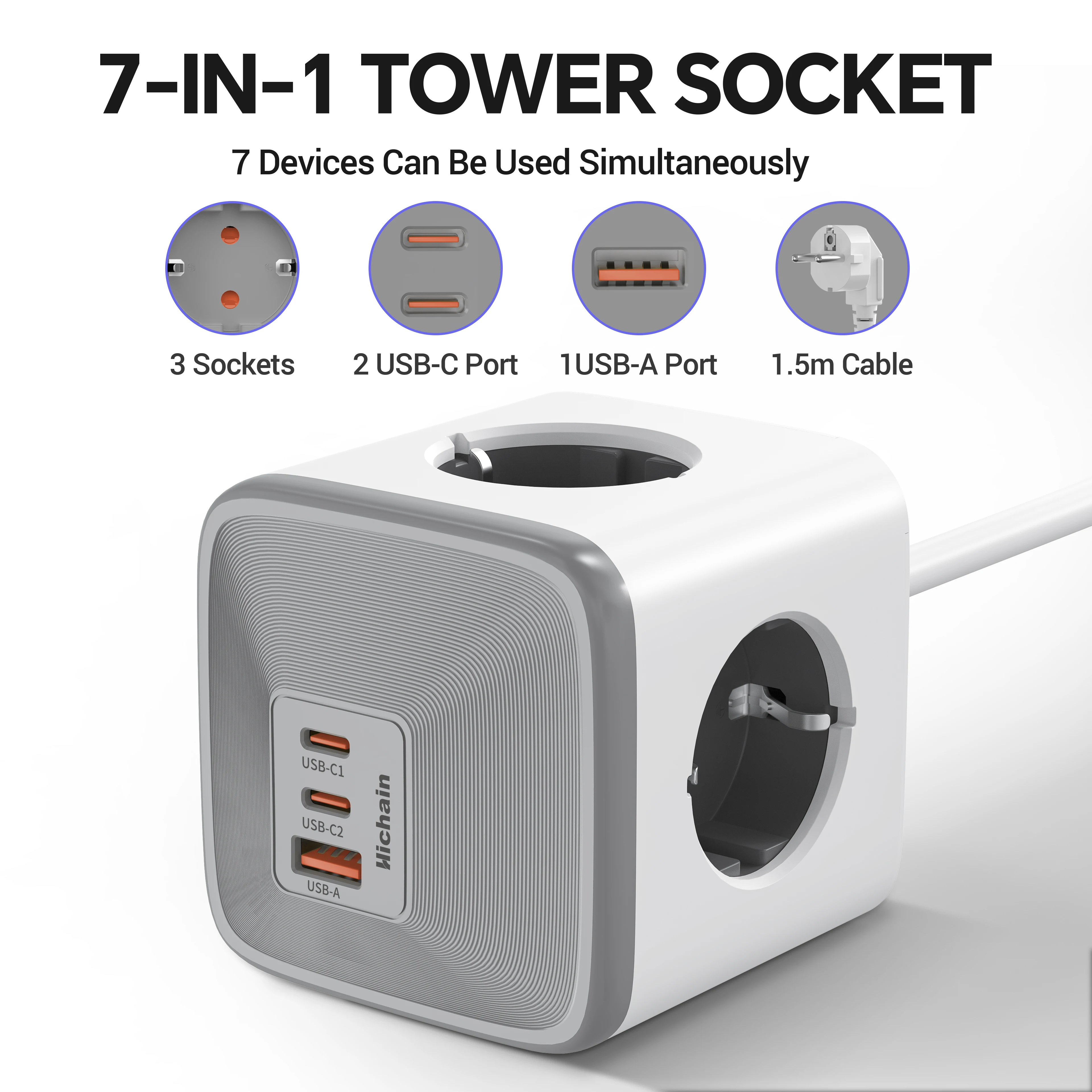 7IN1 Power Strip Cube GaN33W  With 3AC Outlets 1USB A Port 2Type C and 1.5M Cable Multi Power Socket For Home Office