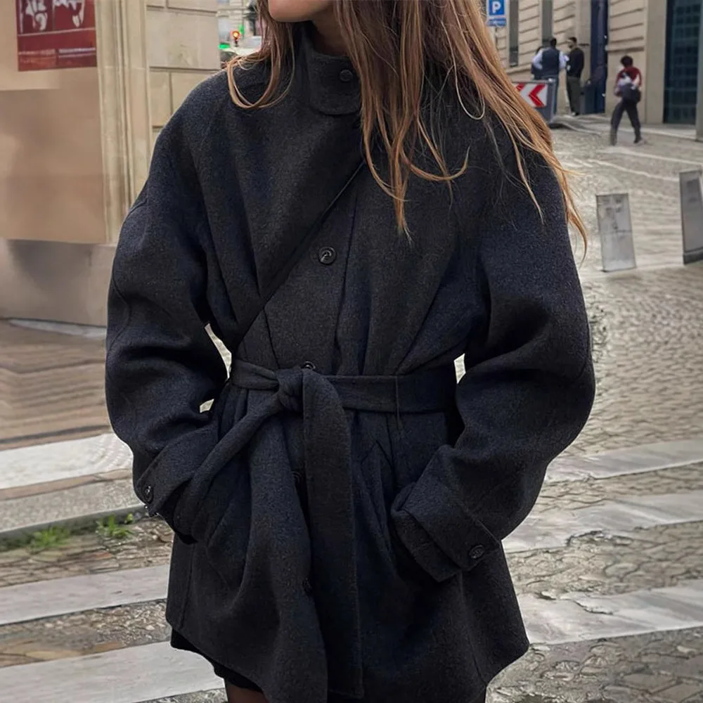

Autumn and Winter New Women's Belt Semi-high Neck Solid Color Woolen Coat Jacket