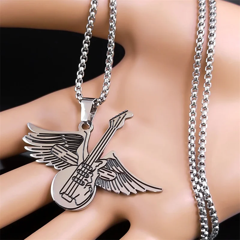 Guitar Angel Wing Necklace for Women/Men Stainless Steel Rock Music Note Dream Chain Necklace Party Gift Jewelry collar N9617S06
