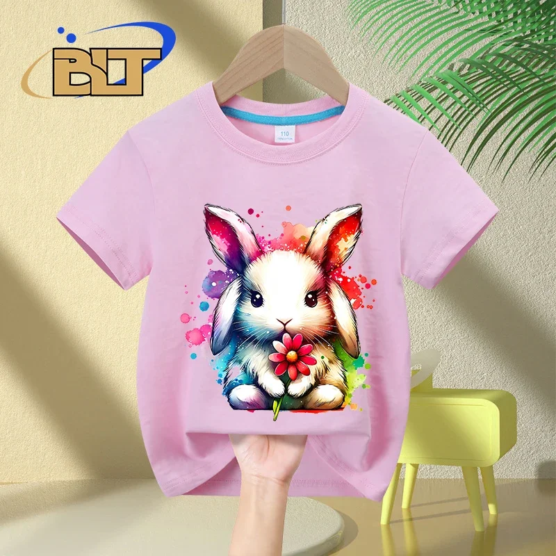 Camiseta con estampado de conejito de flores para niños, tops informales de manga corta de algodón para niños y niñas, Verano
