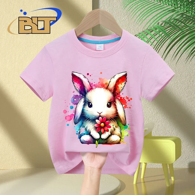 T-shirt de manga curta para menino e menina, top casual de algodão coelhinho, verão