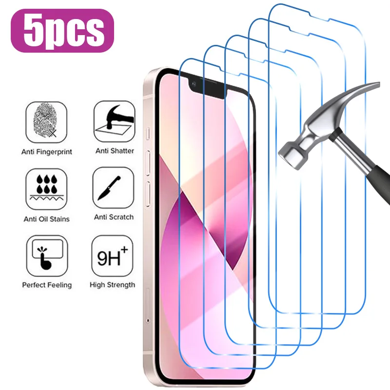 5pcs Protective Glass On For Iphone 14 13 12 11 Pro Max Xs Xr Mini Screen Protector Tempered Glass For Iphone 14 Plus Glass