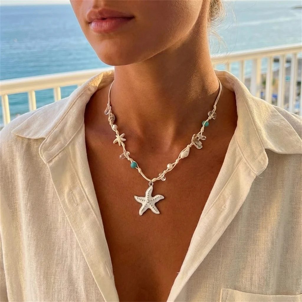 Trendige Muschel-Schleifenanhänger-Halsketten für Damen, Seestern-Imitationsperlen-Halsketten, süßer Halsschmuck im Urlaubsstil für den Strand – Detail 3