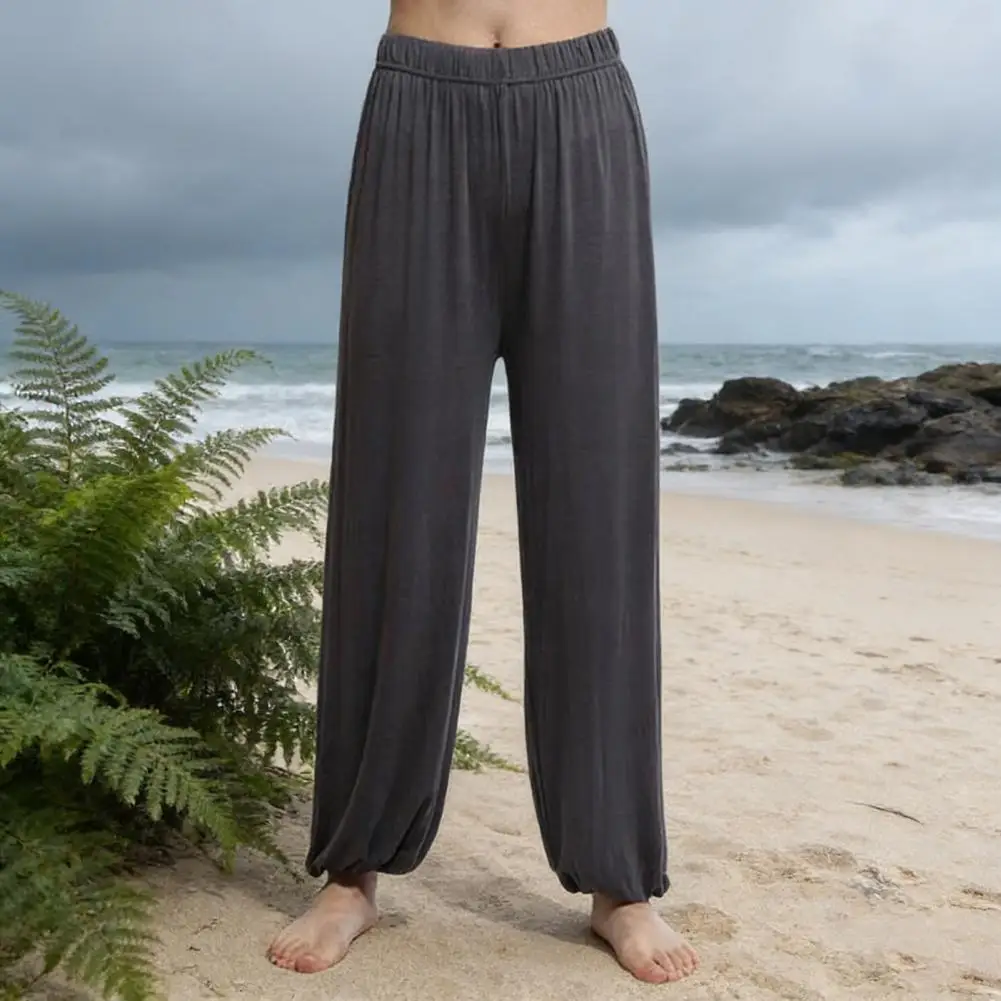 Loose Fit Trousers Women’s Wide Leg Bloomers Pants Elastic Waistband Mid-rise Fiber Trousers Comfortable Commuting Sportswear