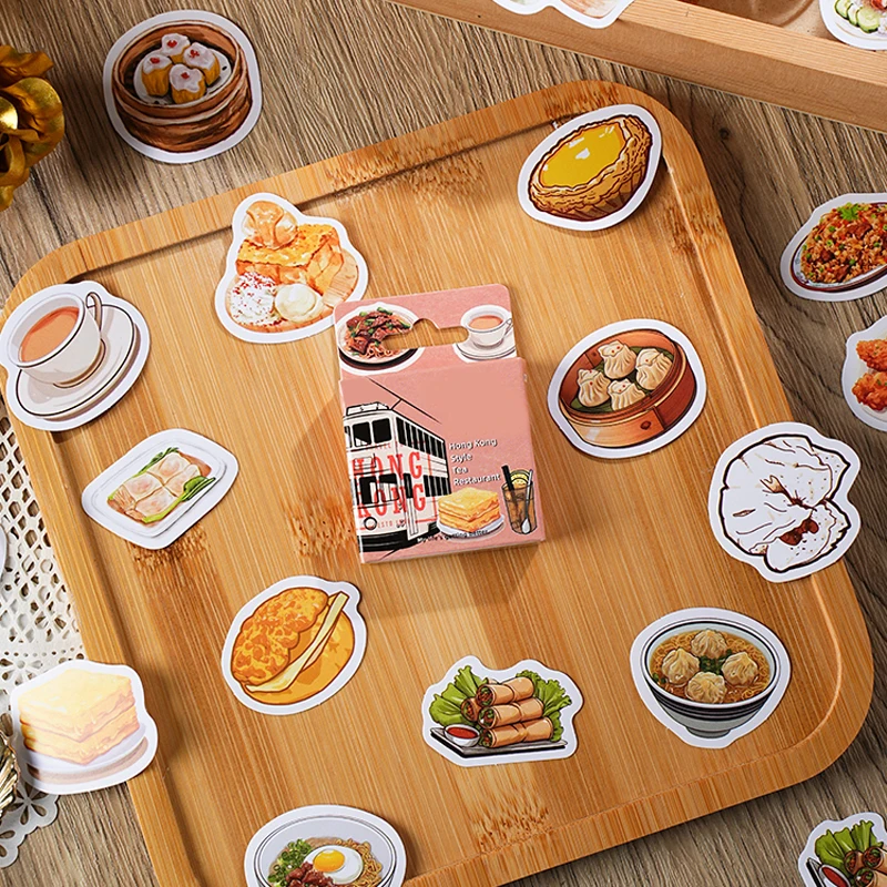 46sheets/Box Food Box Stickers Hong Kong Style Tea Restaurants Bread Handbooks Mobile Phone Cases Material Decoration