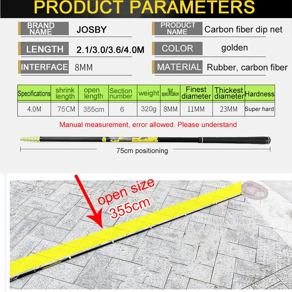 شبكة صيد قابلة للسحبJosby ، عمود شبكة هبوط قابل للطي ، شبكة صيد ذبابة ، تصغير ، تكييفها إلى 4 أمتار