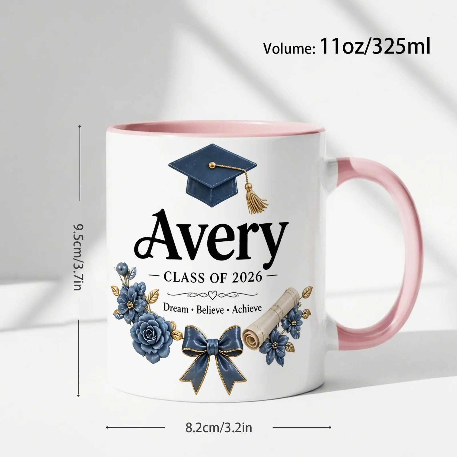 Floral Graduation Personalized Coffee Mug 11oz Class of 2026 Dream Believe Achieve Ceramic Cup Gift for Graduate