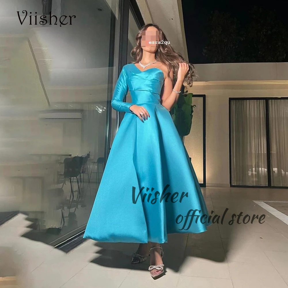 

Aqua Green Satin Evening Dresses One Sleeve Arabian Dubai Prom Dress Ankle Length Formal Occasion Gown Lace Up Back