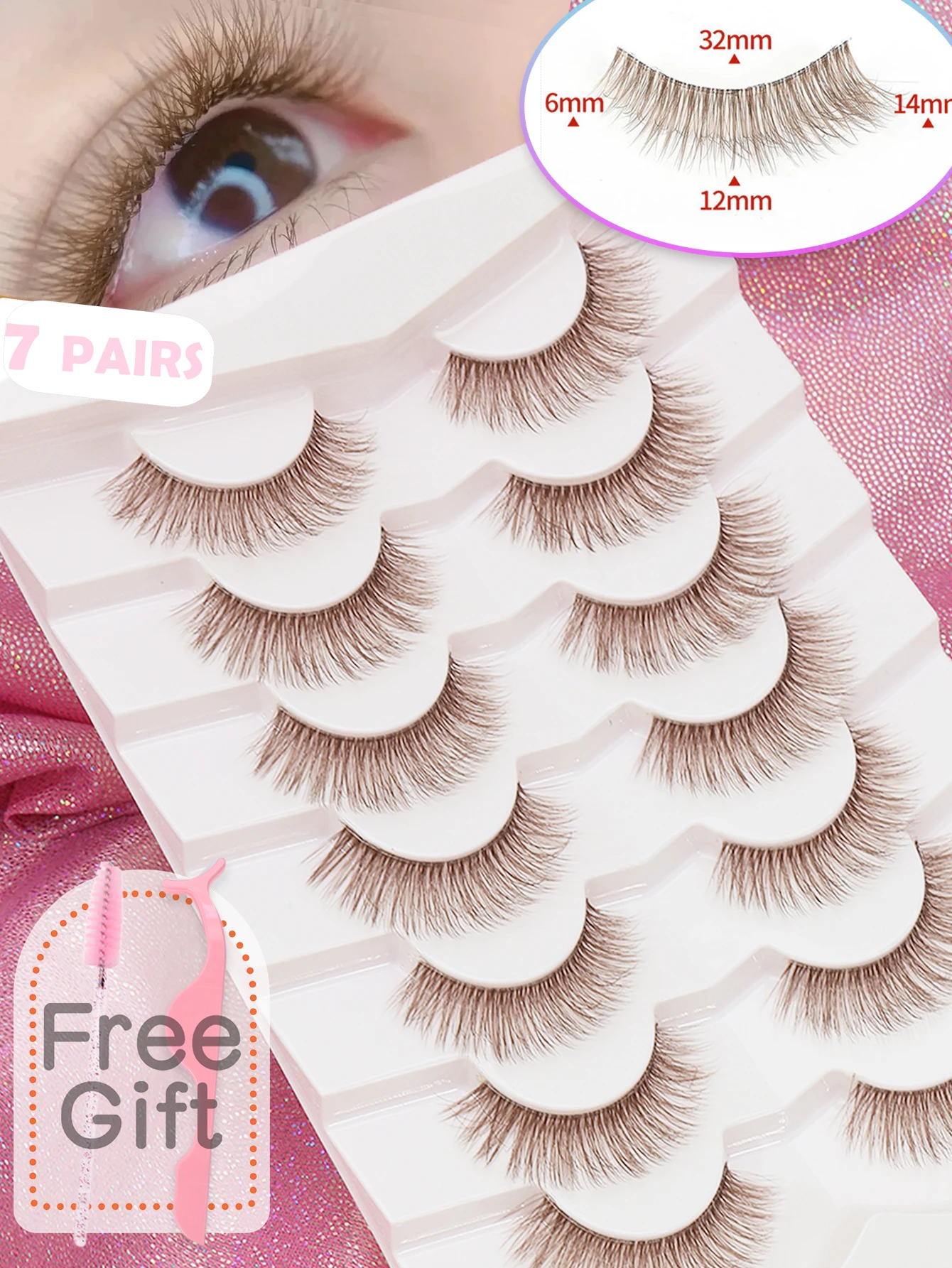 7 paia di ciglia marroni; comodo e bellissimo effetto da indossare; stile arricciatura naturale verso l'alto.