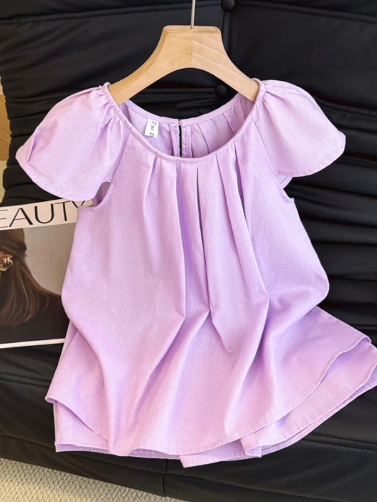 

Summer Women's round Ne ort Sve irt Self-Kept Design Sensation Pleated Korean Sle Loose Fit Lace Snowflake Top