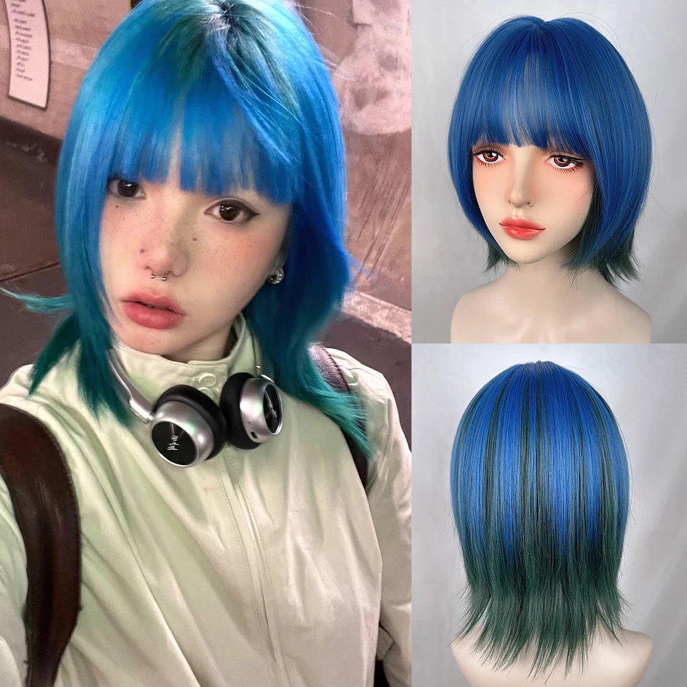 Synthetic Short Straight Ombre Blue Green Blend Women Wig Fluffy Lolita Cosplay Hair Wig for Daily Party