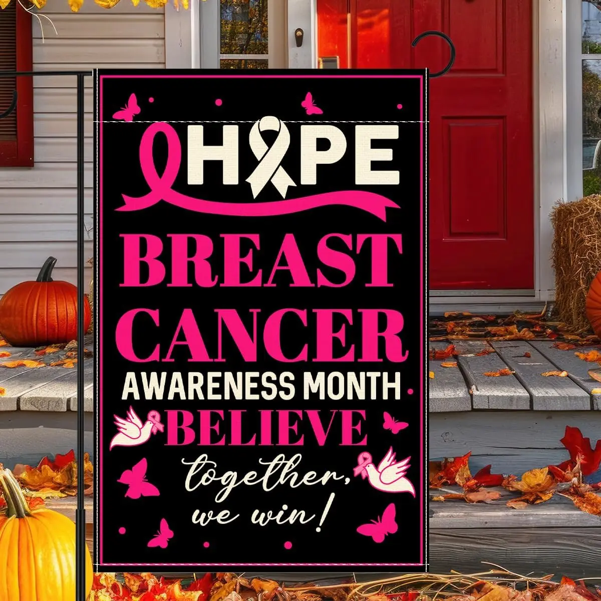Breast Cancer Awareness Garden Flag, Breast Cancer Awareness Month House Flag for Yard Outside Outdoor Pink Ribbon Decor, 12 LLG