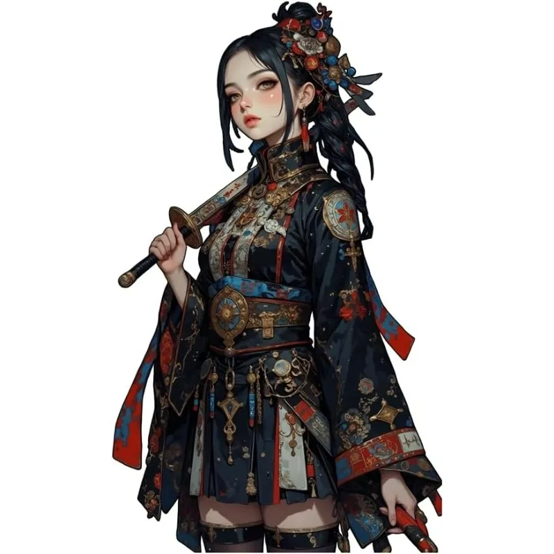 Japanese Tattoo Female Samurai Vinyl Sticker, Waterproof Decal for Mug, Laptop, Desk, Bookshelf, Fridge, Smooth Surfaces