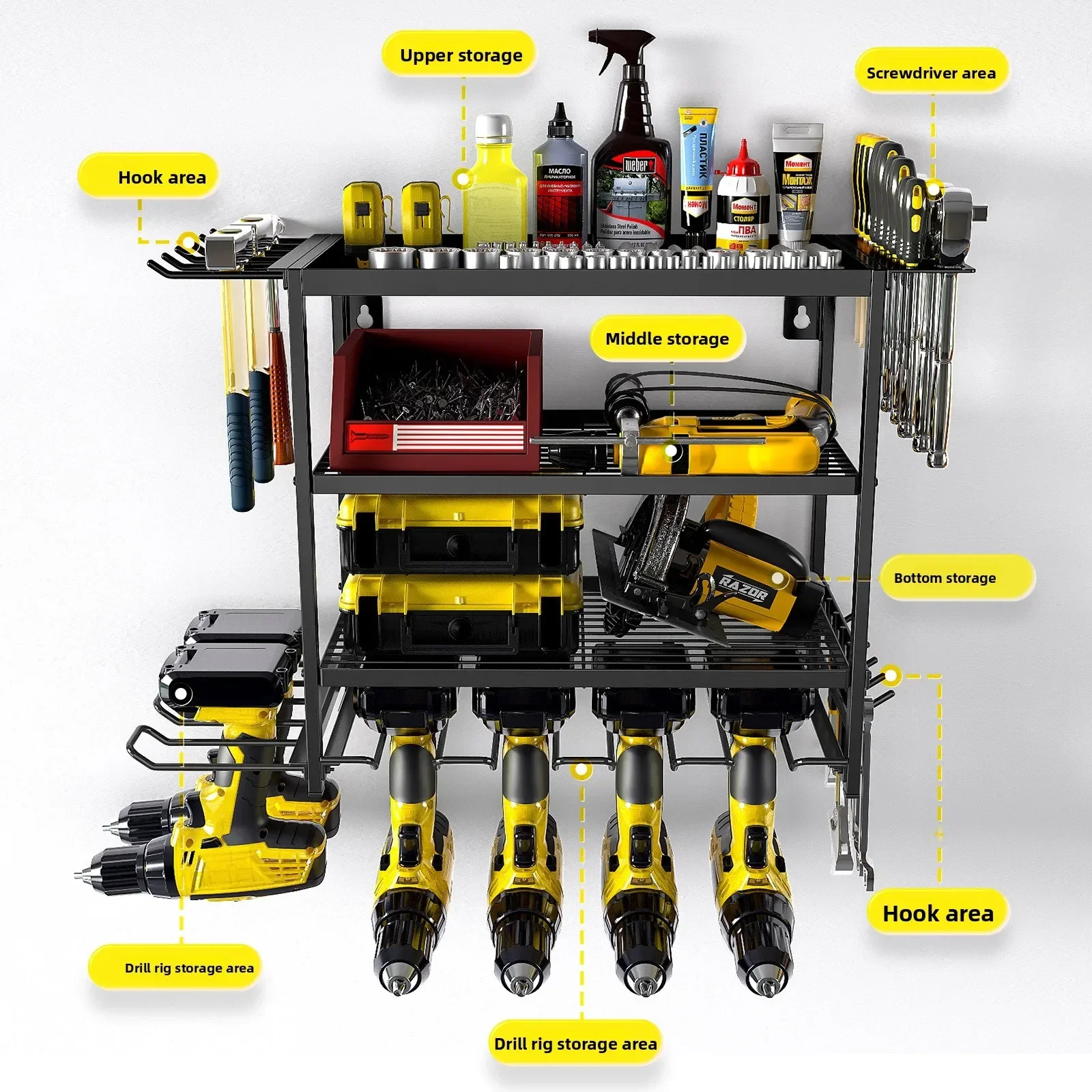 Multi-layer power tool storage rack Wall-mounted hand drill tool rack Garage screwdriver bracket Tool storage rack