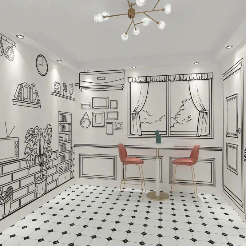 

Customized product Hand drawn black white cartoon mural milk tea shop flower dessert store changing room background wallpaper 3d