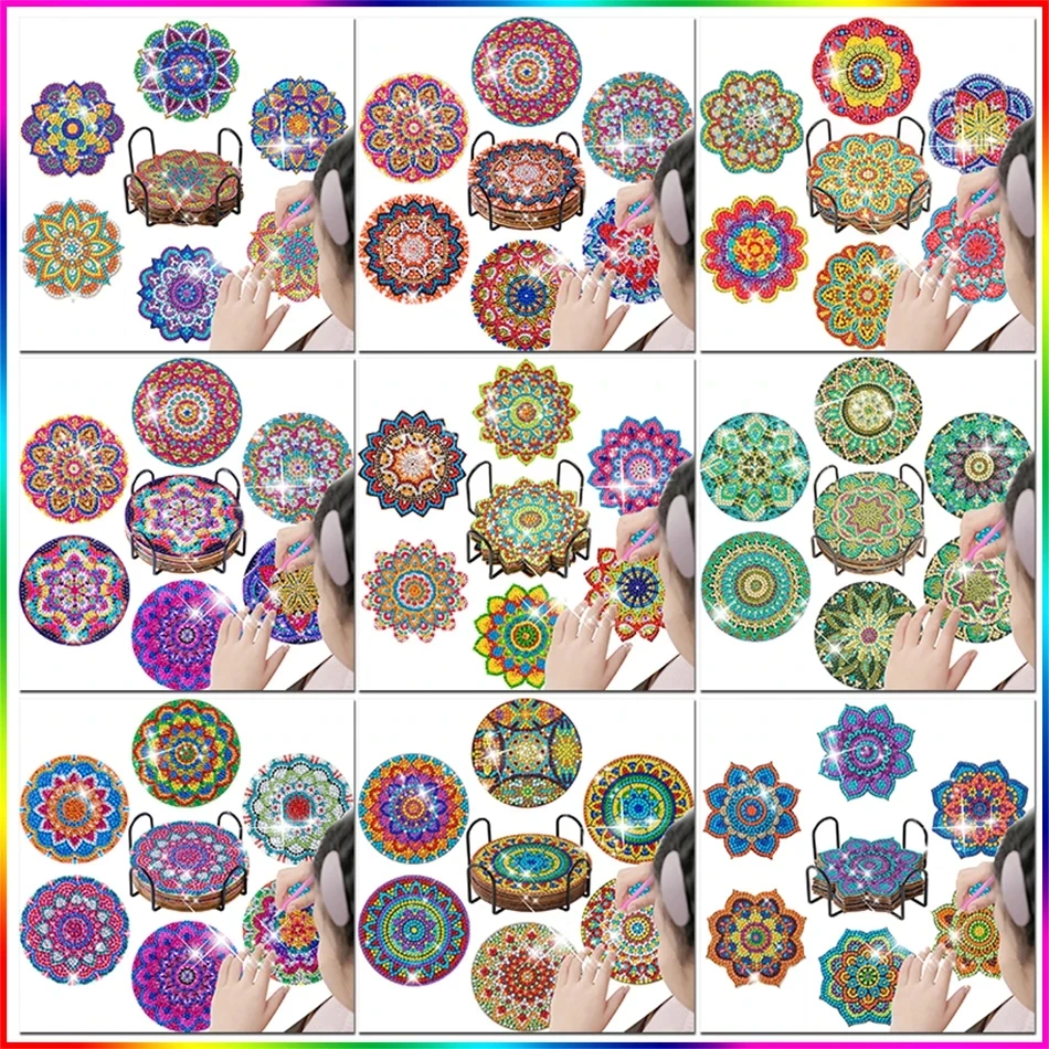 

PhotoCustom 6Pcs DIY Diamond Painting Mandala Flowers Coaster Drink Cup Cushion Diamond Embroidery Kit For Kitchen Decor Set