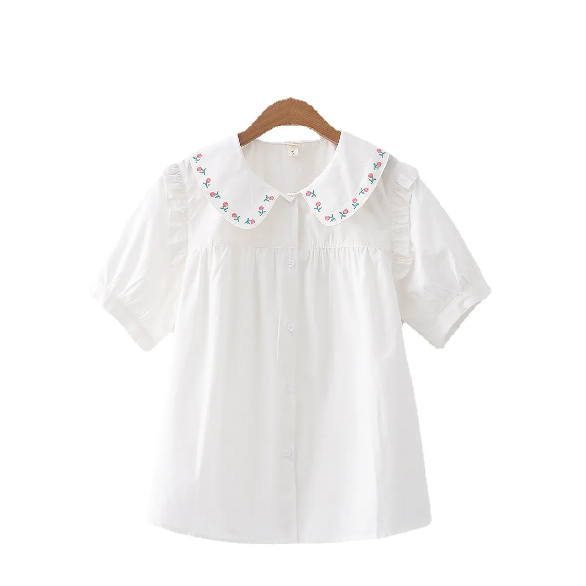 Autumn New Women Cotton White Shirts Floral Embroidered Short Sleeve Peter Pan Collar Loose Blouse Tops New Spring T36314JC