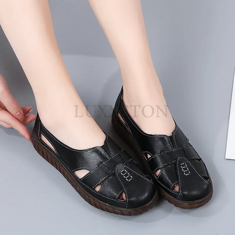 Women Genuine Leather Sandals Summer Ladies Shoes Comfortable Ankle Hollow Round Toe Sandals Woman Soft Beach Sole Female Shoes