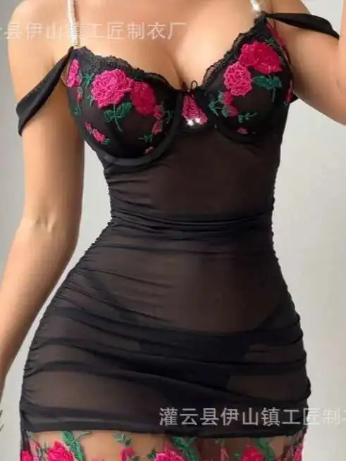 섹시한 레이스 메쉬 투명 꽃 자수 드레스 백리스 딥 V 멜빵 민소매 드레스 우아한 매력적인 순수한 욕망 XNHA