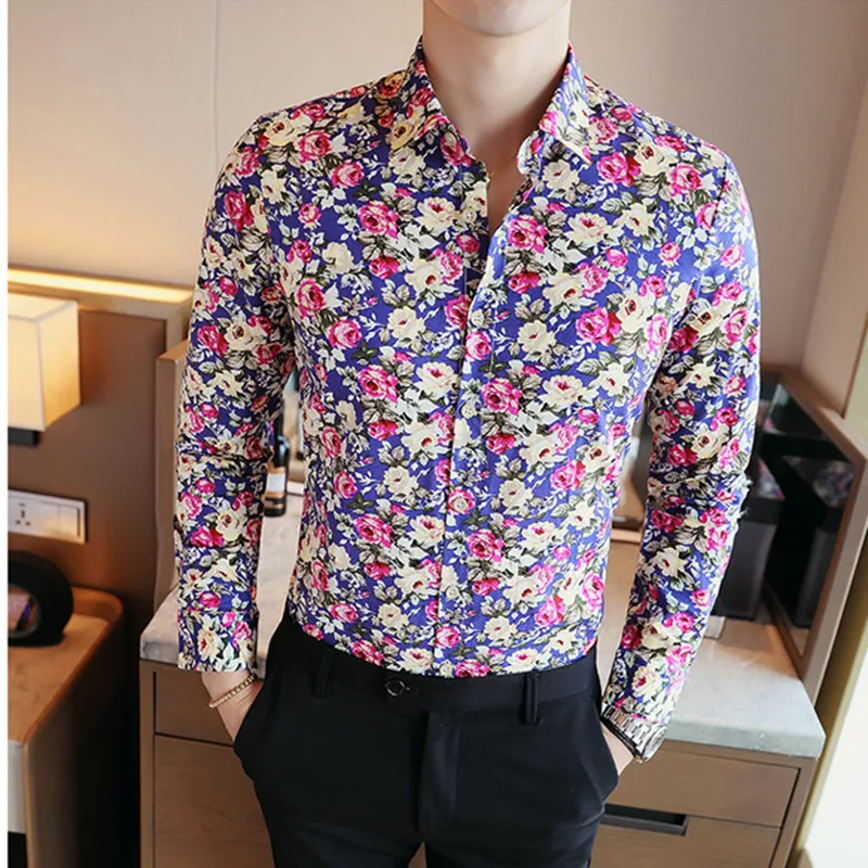 Men Shirts Cotton Vintage Clothes Flowers Shirt Korean Clothing Men\'s Fashion Beach Men\'s Spring Long Sleeve Shirt Top