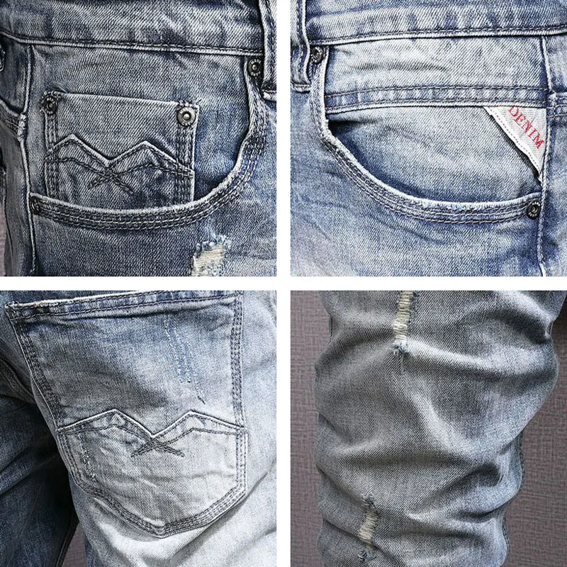 Fashion Designer Men Jeans Retro Light Blue Elastic Slim Fit Ripped Jeans Men Vintage Trousers Korean Style Denim Pants Hombre