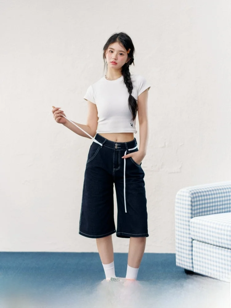 

Джинсы с высокой талией, корейский стиль, прямые, до середины икры, из денима, повседневные, летние, модные