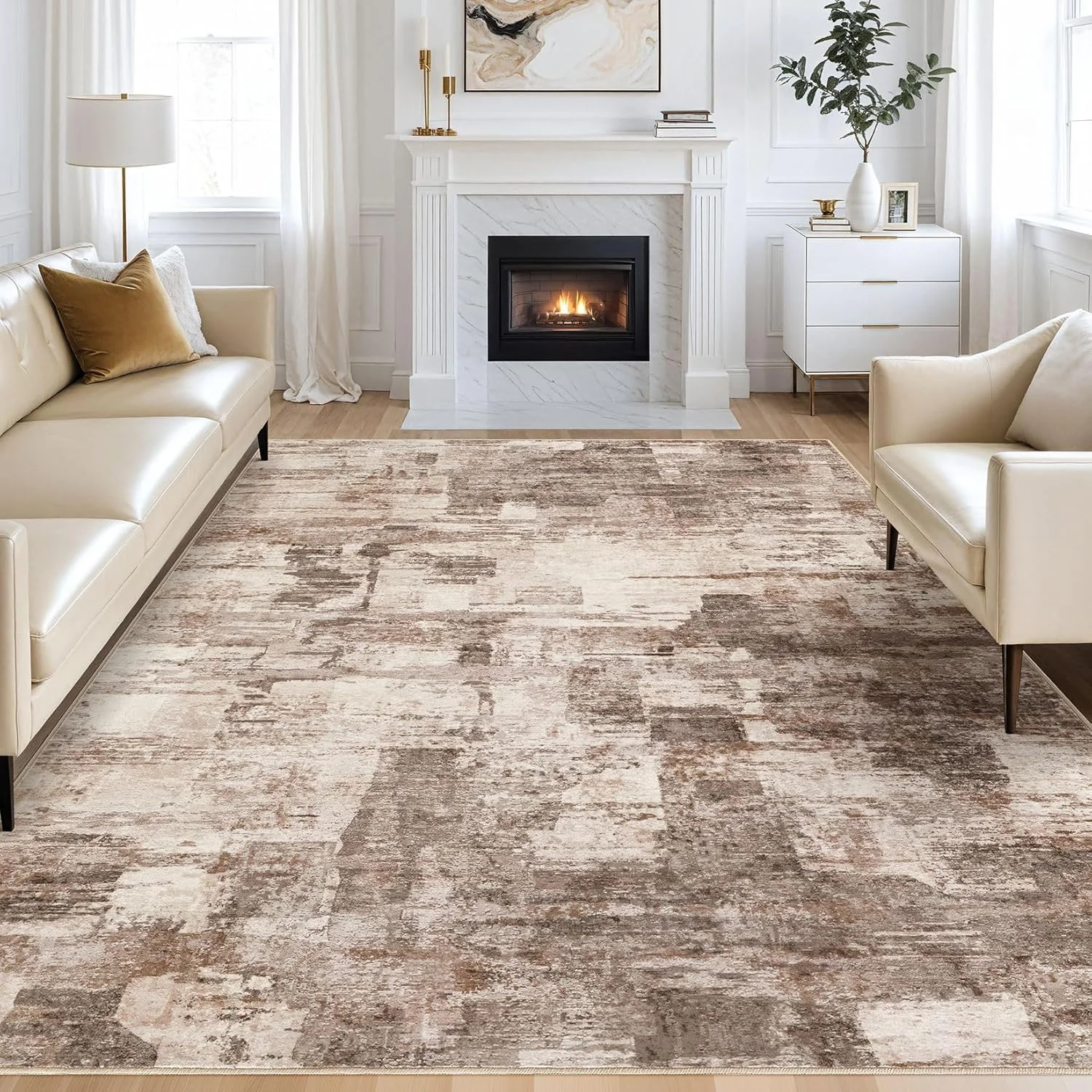 

Abstract Living Room Rug - Modern Washable Thin Area Rug for Living Room Bedroom Under Dining Table - Neutral Indoor Floor Rug