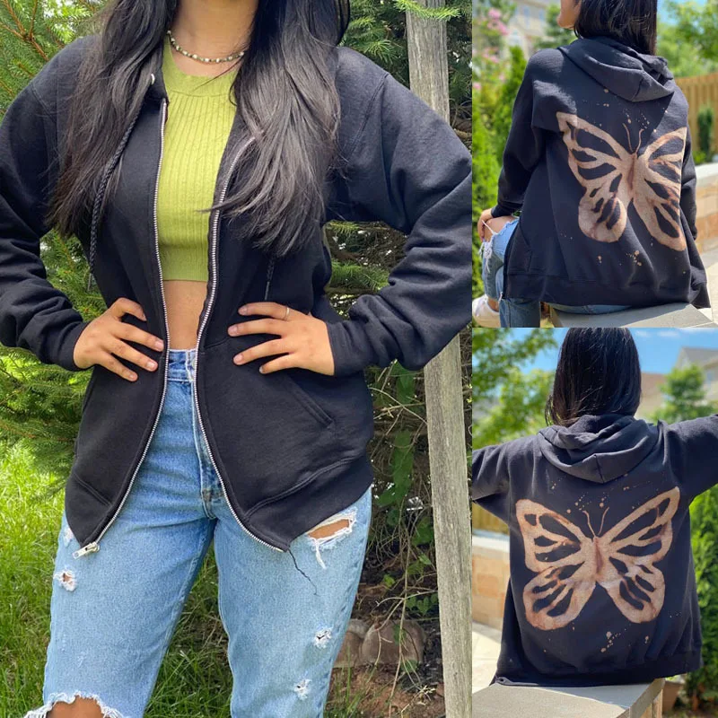 

Autumn and winter women's hoodie new casual hoodie zipper cardigan butterfly print coat