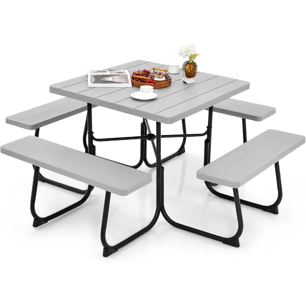 

8 Person Picnic Table, Outdoor Square Picnic Table with 4 Built-in Benches, Umbrella Hole, Metal Frame & HDPE Tabletop