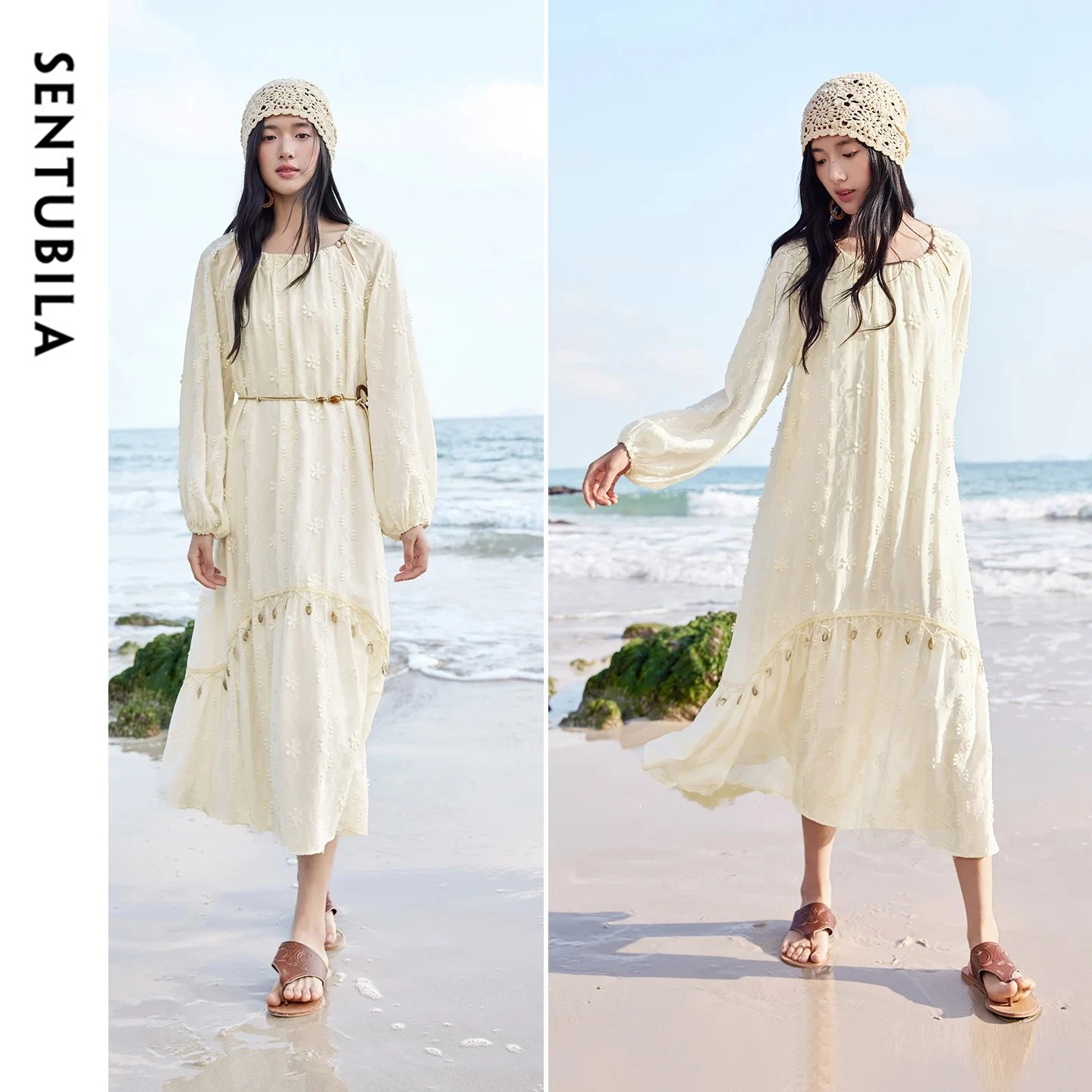 

SENTUBILA Casual Dress for Women 2026 Spring Embroidery Flower Lantern Sleeve A Line Dress Elegant Loose Lady Clothes 161LO4914