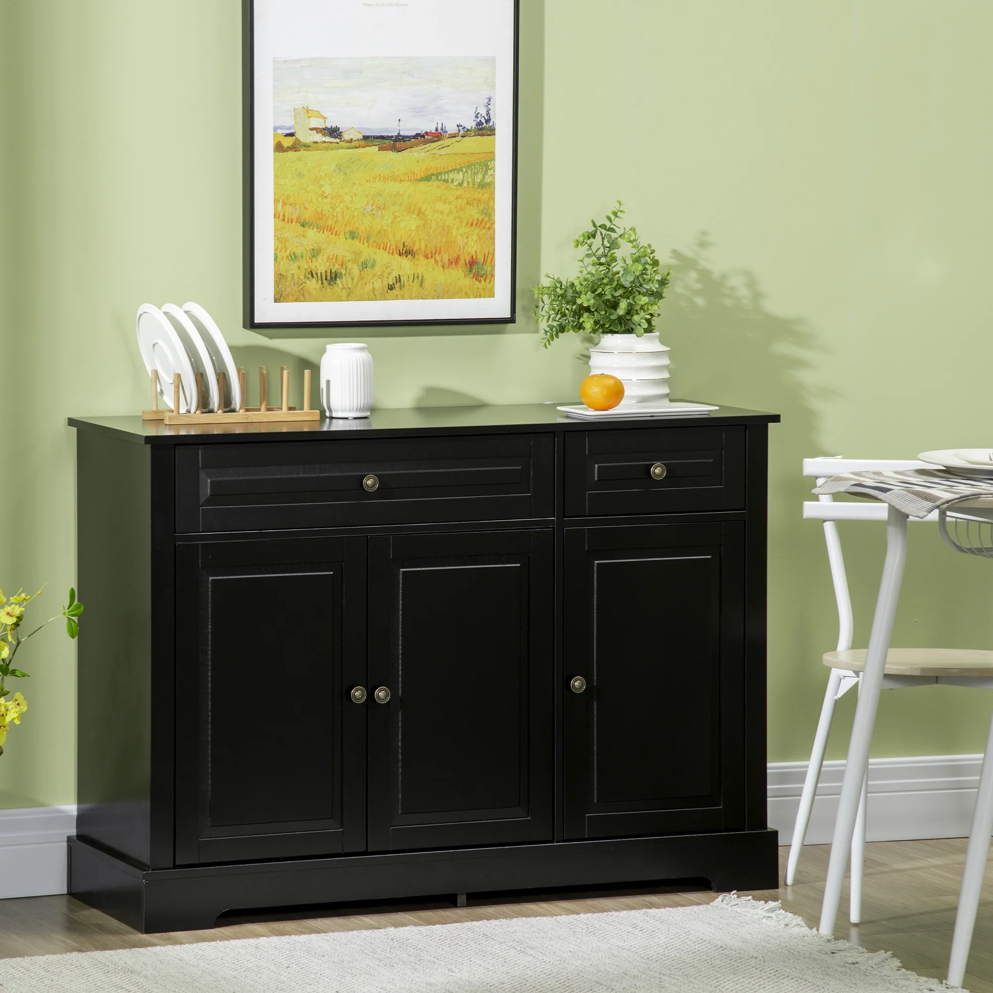 Modern Sideboard Buffet Cabinet with Adjustable Shelves and Drawers, Black