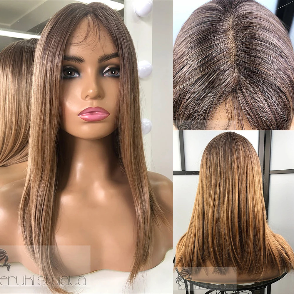 

Brunette Caramel Brown Honey Blonde Balayage Wig Synthetic Straight Wigs Ombre HD Invisible Lace Front Wig 13x4 Free Part Wig