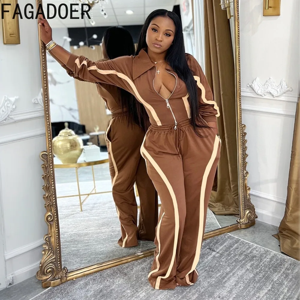 FAGADOER Set 2 Potong Kasual untuk Wanita Pakaian Atasan Crop Lengan Panjang Motif Garis Patchwork + Celana Serasi Pakaian Streetwear Wanita