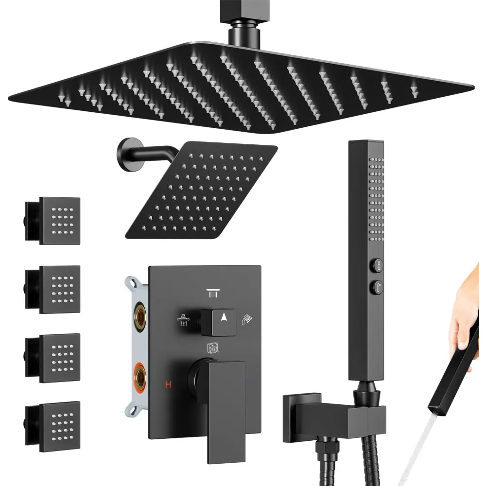 

Матовая черная душевая система от STARBATH: 4-сторонняя двойная душевая насадка с конфигурацией 12+6 и потолочным креплением