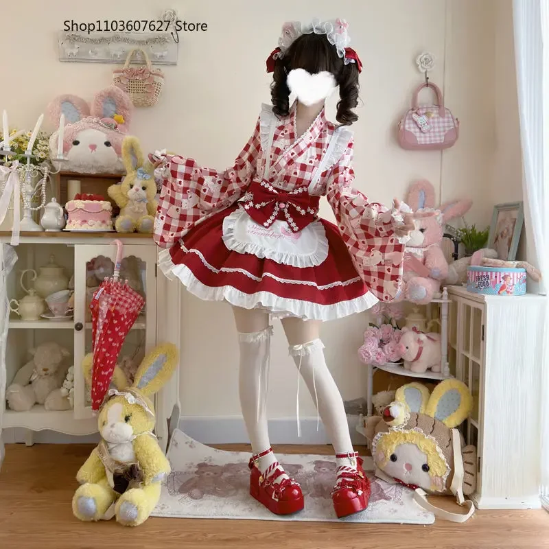 Japanische süße Lolita Kimono Kleid Frauen Kawaii Erdbeer Katze drucken Bogen Schürze Dienst mädchen Cosplay Kostüme Mädchen Animation Show Kleid