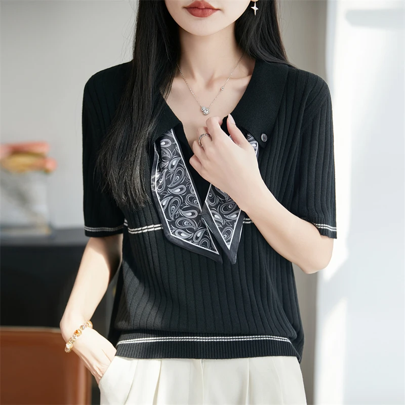 Women's POLO collar T-shirt summer new wool knitted short sleeved casual stripe… - Image 6