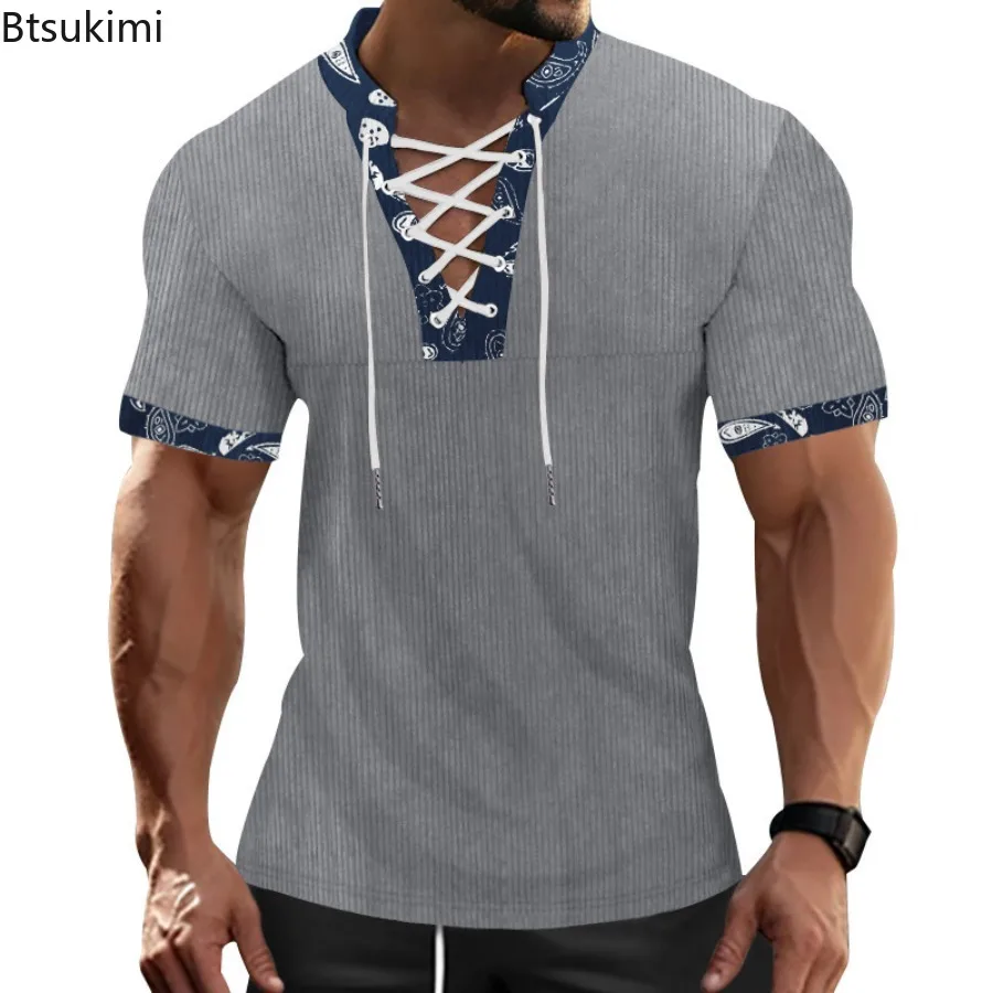 Summer New Men's Patchwork Short Sleeve T-shirts Fashion Lace-up Drawstring V-neck Casual Pullovers Tops Men Corduroy Sport Tees