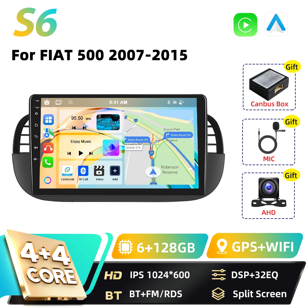 Podofo Qualcomm 8-Core Carplay 2DIN Android Auto Multimedia Speler Voor FIAT 500 2007 2008-2015 GPS Navigatie DSP WIFI FM RDS BT