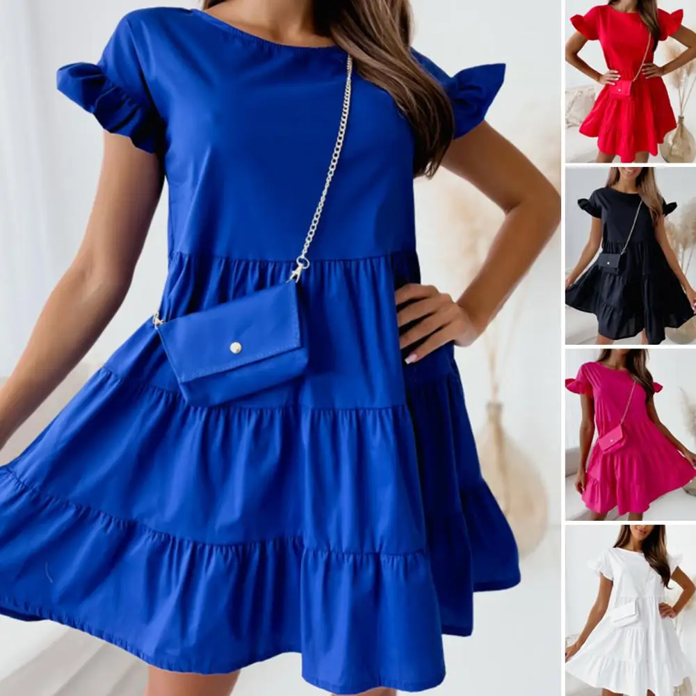 Fashion Women Summer Solid Color A-Line Dress Patchwork Design O-Neck Flare Short Sleeve Loose Waist Pullovers Mini Dress