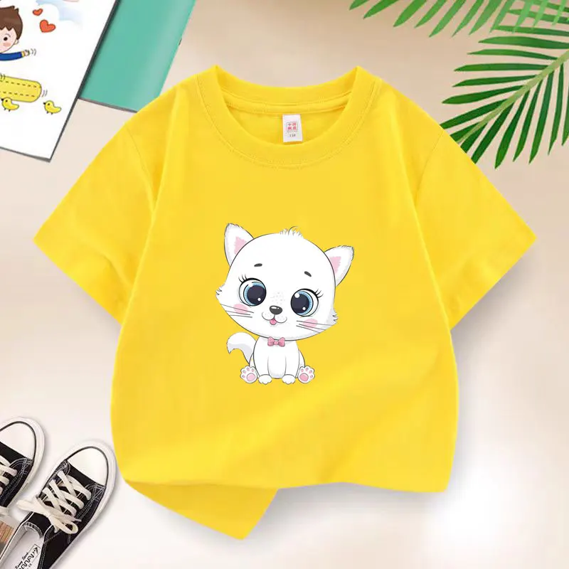 T-shirt simpatico gatto per ragazze T-shirt per bambini in cotone Casual Abbigliamento casual per bambini Adolescente Neonata Cartoon Y2K Top 6 8 10 12 anni