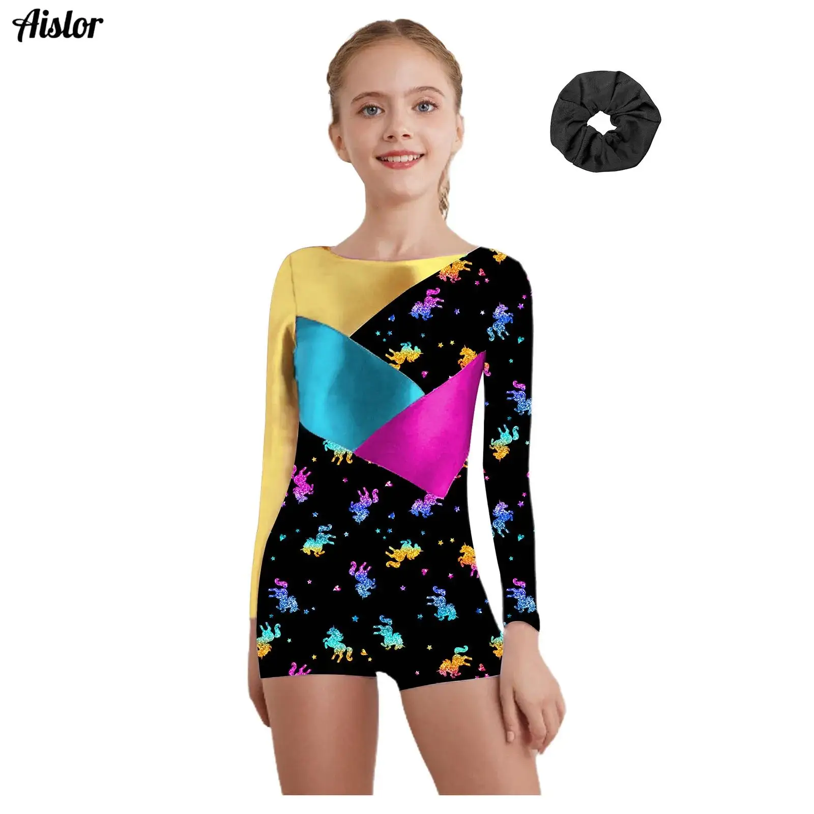 

Kids Girls Gymnastic Dance Leotard One Piece Boyshorts Bodysuit Long Sleeve Color Contrast Unitard Dancewear for Figure Skating