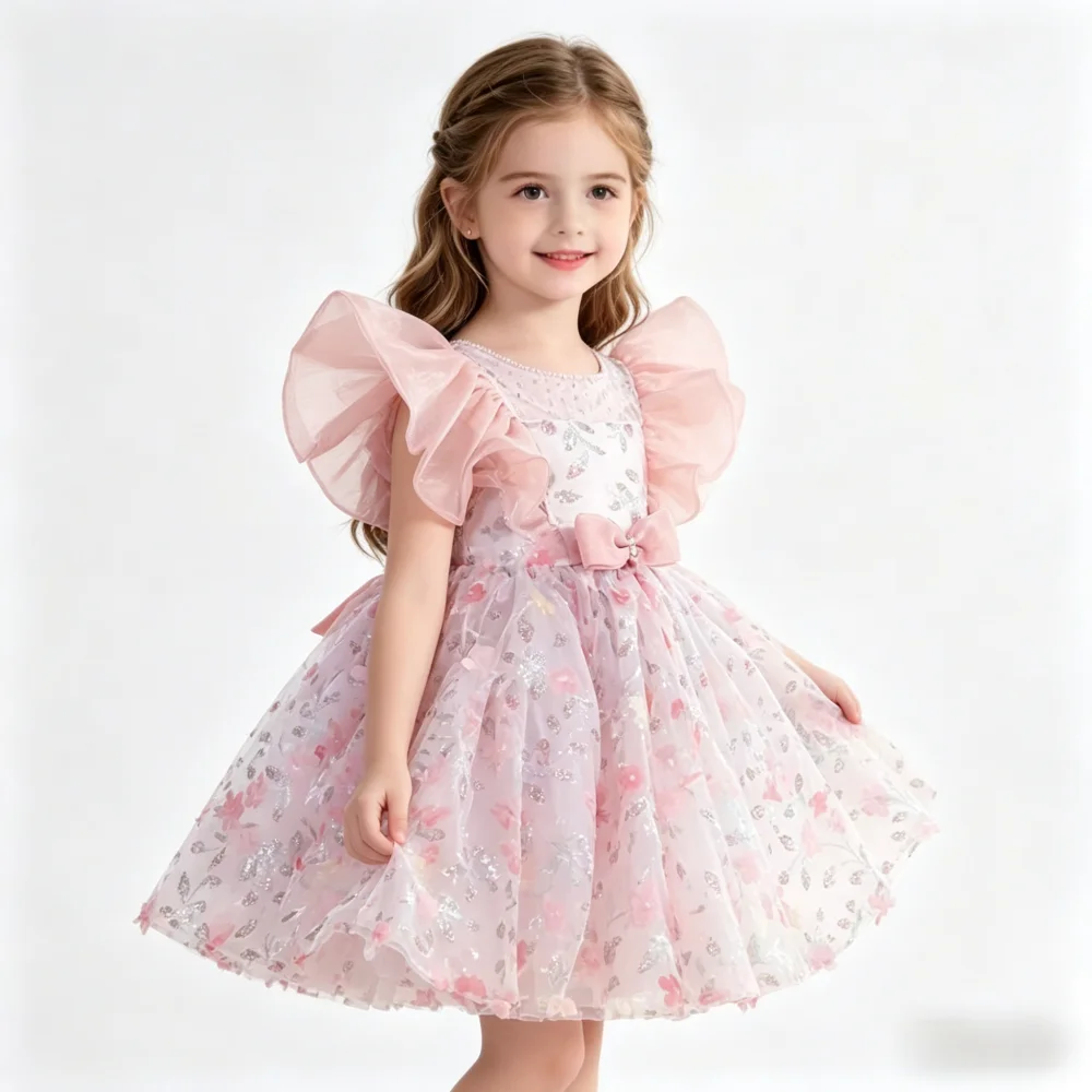 

Custom Flower Girl Dress Wedding Gown Birthday Party Pageant Dress 3D Floral Sequin Ruffle Bow Princess Dress For Girls