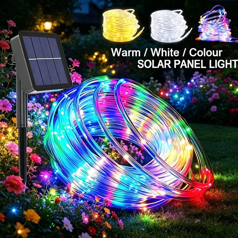 New 1 Pack of 100 LED Solar String Lights. Waterproof Tubular Rope Lights for Outdoor Gardens. The Fairy Wreath Lights Are Powered by Solar Energy and Are Perfect for Christmas Parties, Festivals, and Outdoor Landscape Decoration.
