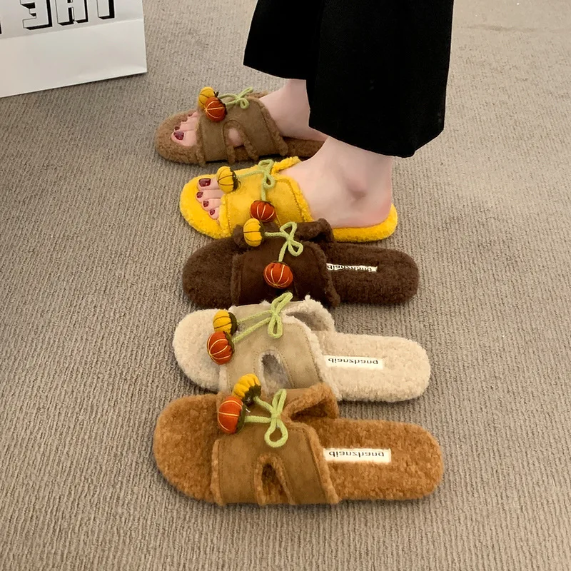

2025 Autumn Winter Plush Slide Slippers For Women, Cute Pumpkin Pendant Indoor Outdoor Anti-Slip House Shoes Flat Comfort