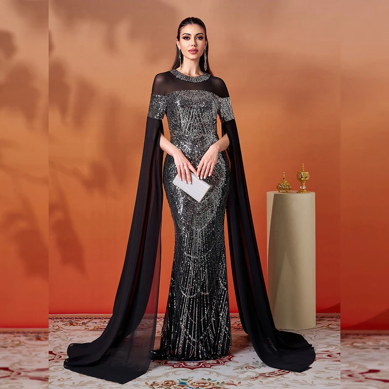 

Women Long Sleeve O Neck Elegant Black Siliver Sequined Elegant Ladies Evening Party Cocktail Prom Long Maxi Dresses