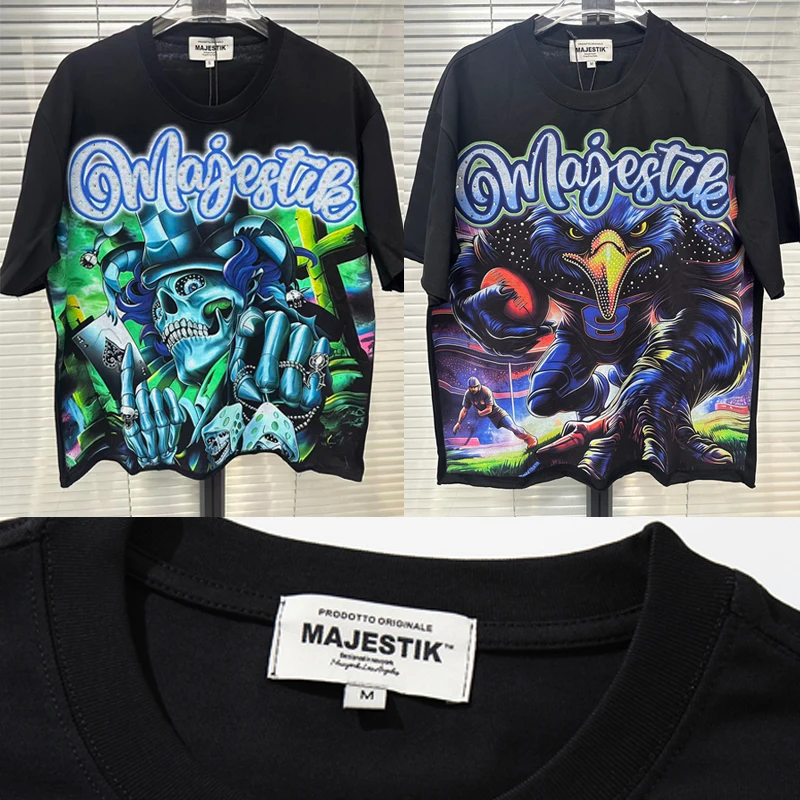 26SS MAJESTIK T-shirt Vintage Gothic Graffiti Skull Magician Print Top Tee Streetwear Rhinestone Majestik Short Sleeves