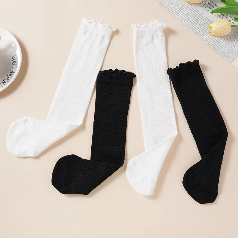 Summer Girls' Wooden Ear Edge Solid Color Mesh Breathable Stockings Student College Style School Uniform Accessories Calf Socks