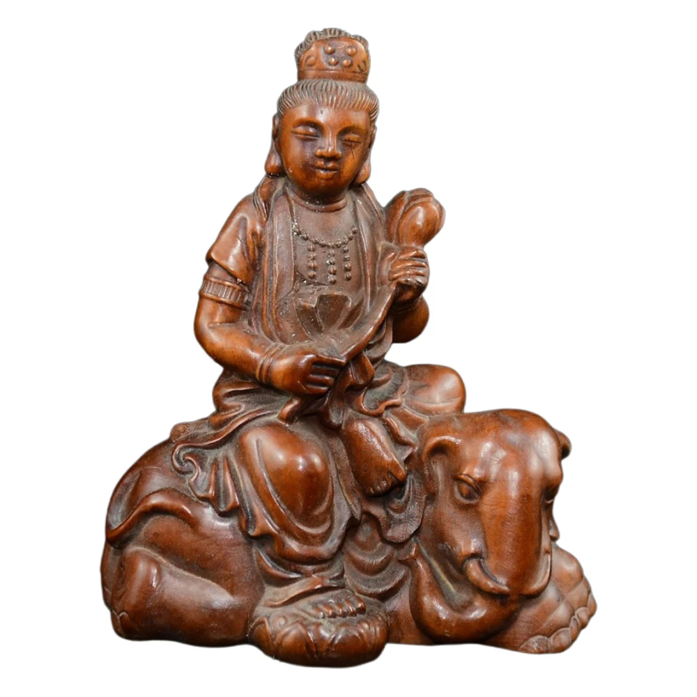Figurine en bois sculptée à la main, Statue de Samantabhadra, sculpture bouddhiste chinois, éléphant, virtue, compassion, avantage