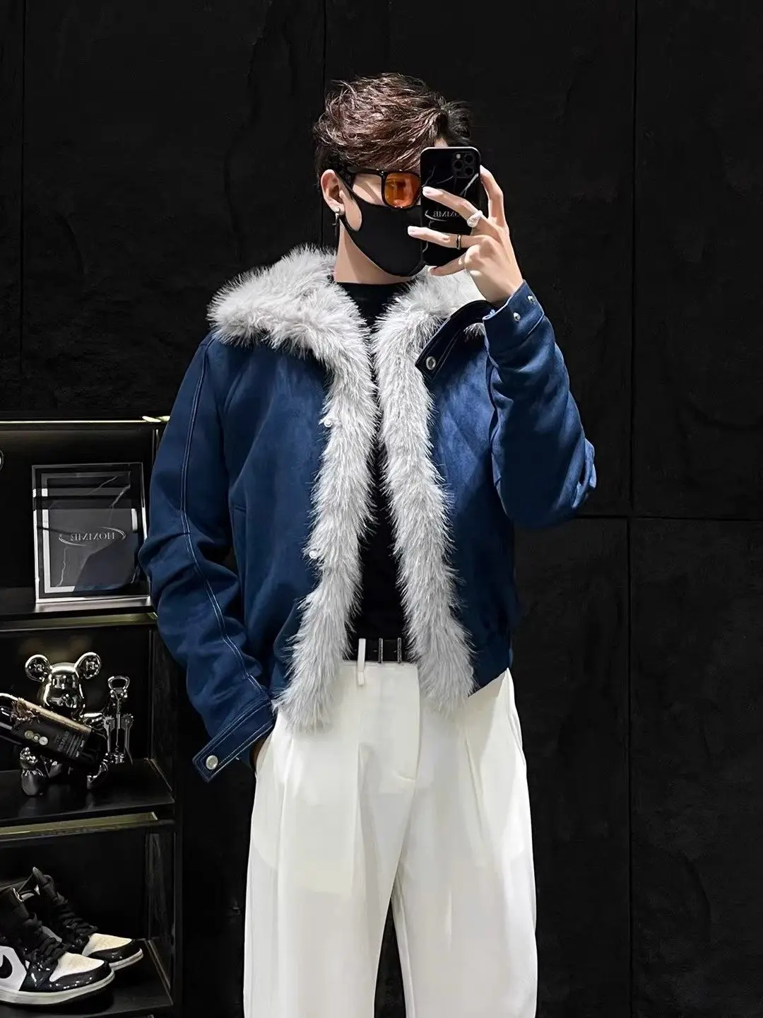 Men's Casual Thiened Cotton Jaet Winter Warm Fur Collar Coat Durable Polyester Fiber Mountain Eagle Pattern Straight Hem