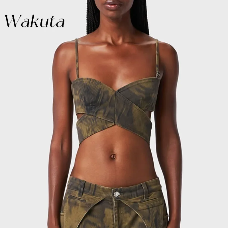 WAKUTA Summer Fashion Design Cross Strapless Print Sexy Workwear Style Camisole Tanks American Retro Camisole Camis Y2K Clothes